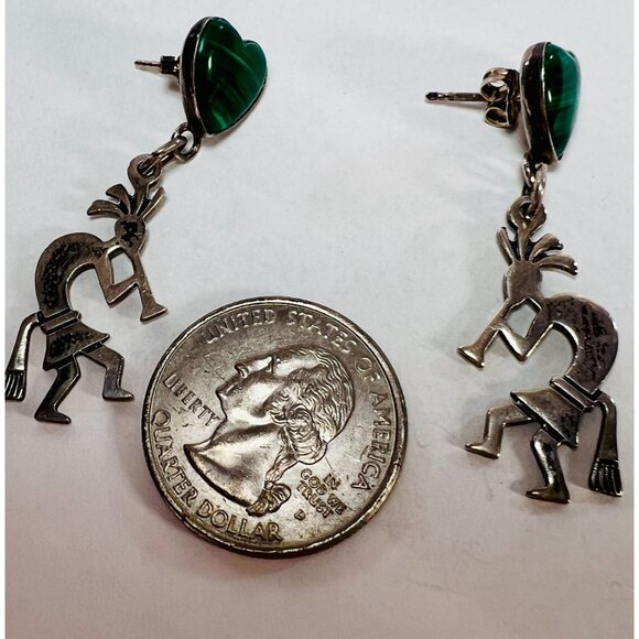 Vtg 925 Silver Kokopelli Malachite Heart Earrings Drop Dangle 1.75" Southwest - Picture 4 of 5